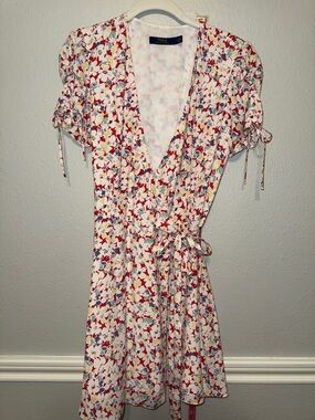 Polo by Ralph Lauren White Mini Wrap Dress with Coral & Blue Floral Pattern